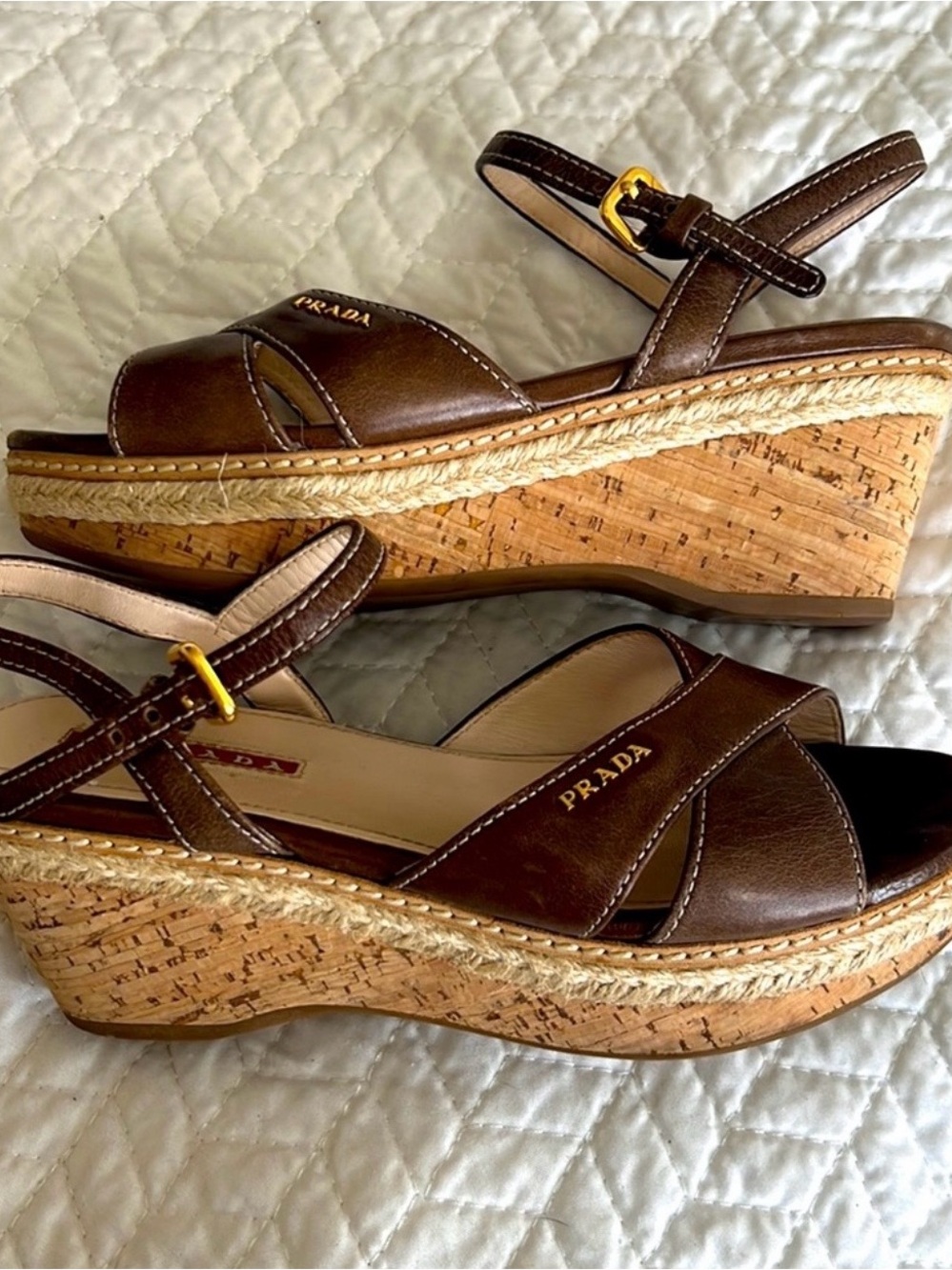 Prada Brown Leather Cork Wedge Sandals with Gold Buckle